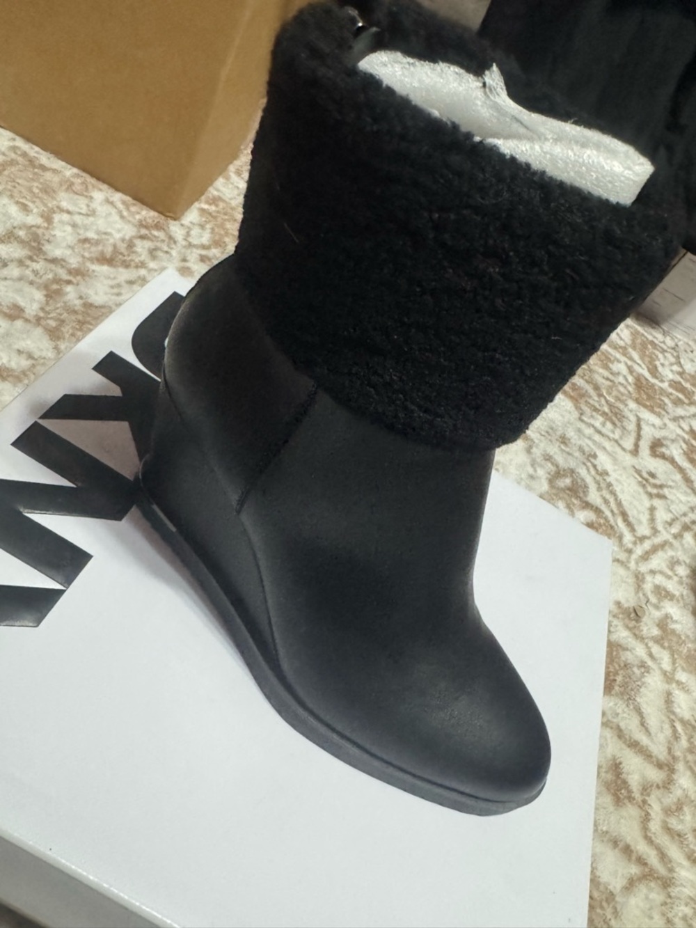 DKNY Black Faux Fur Wedge Boot